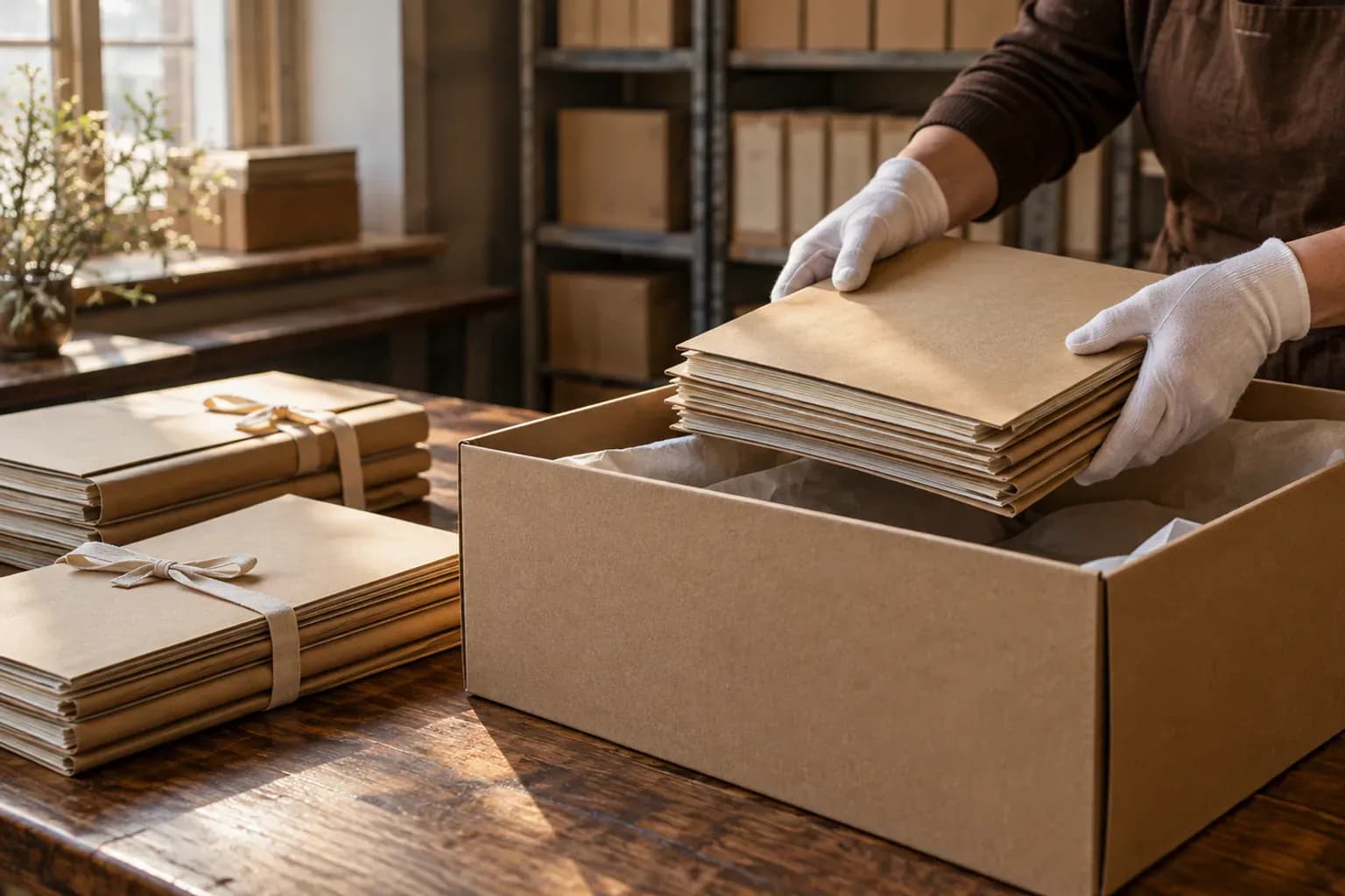 Illustration d'un transfert d'archives : boîtes numérotées, inventaire et rayonnages de réclassement