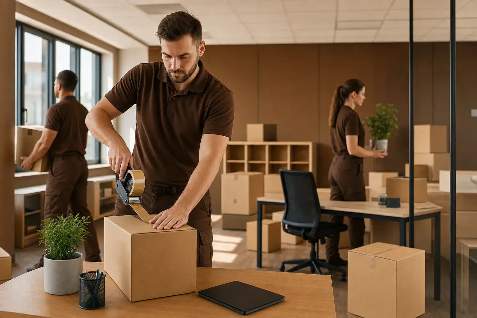 Illustration d'un transfert de bureaux réussi : postes de travail, matériel informatique et cartons prêts à déménager