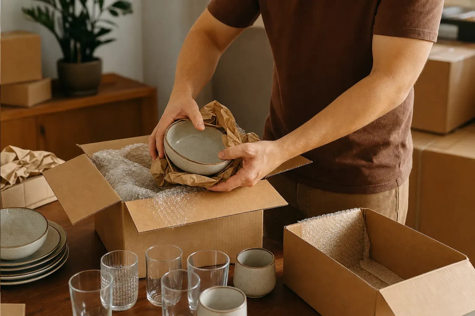 Illustration montrant comment emballer la vaisselle pour un déménagement